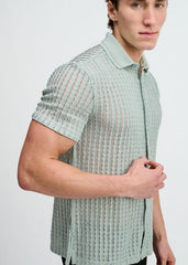 ST33LE Open Knit Stretch S/S Shirt With Rib Collar - Ocean