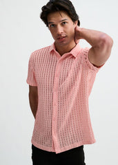 ST33LE Open Knit Stretch S/S Shirt With Rib Collar - Pink