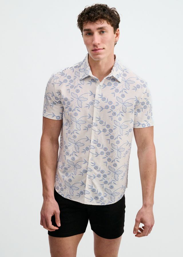 ST33LE Printed Eyelet Stretch S/S Shirt - Sky/White