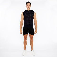 Black sleeveless knit vest with intricate diamond pointelle geometric pattern perfect for layering and style