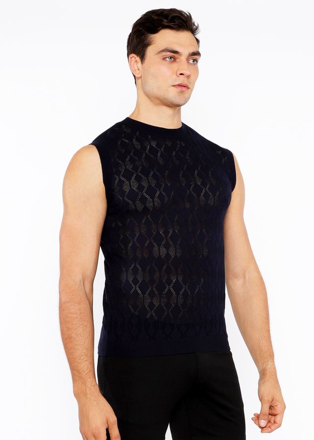 Black sleeveless diamond pointelle knit vest featuring a textured diamond pattern ideal for layering