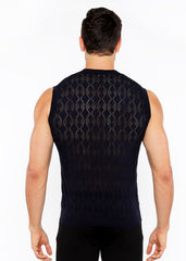 Black sleeveless diamond pointelle knit vest showing the textured diamond pattern on the back side