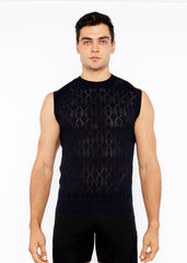 Black sleeveless knit vest with subtle diamond pointelle pattern made from soft breathable fabric
