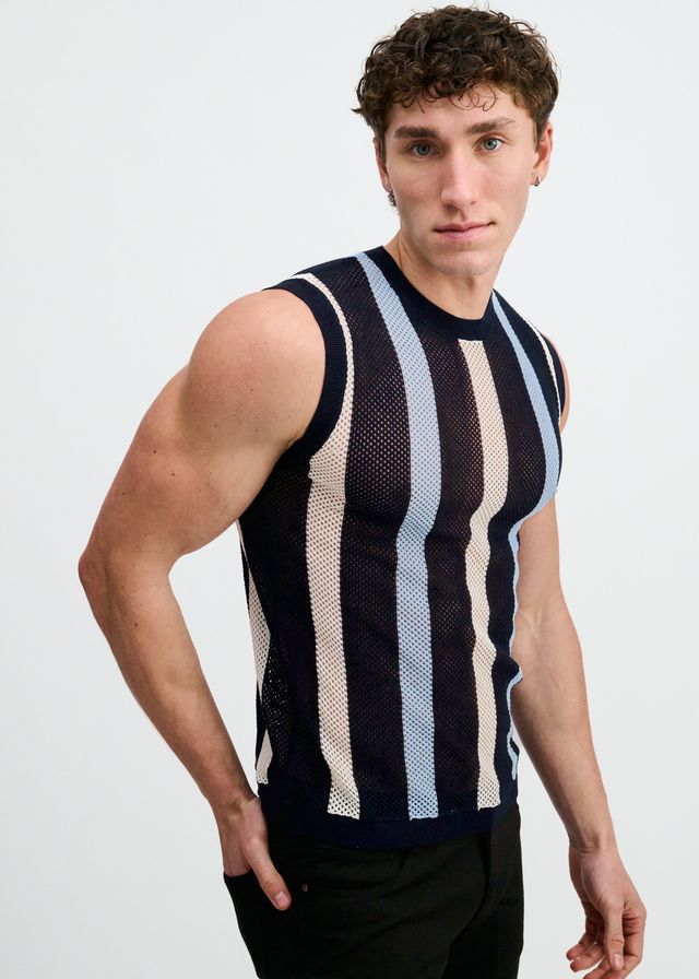 ST33LE Textured Stripe Open Knit Vest - Navy