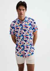 ST33LE Men's Leaves Print Stretch Knit Shirt - Navy/Blush Leaves