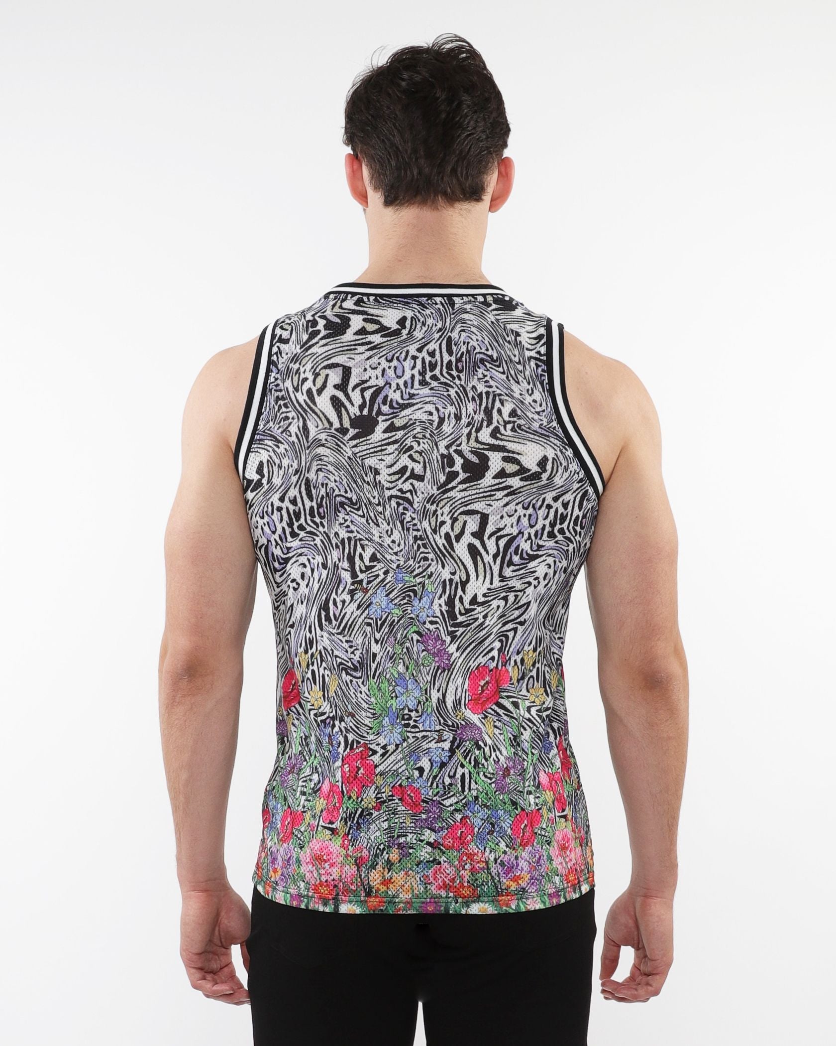 JUNGLE PRINTED MESH TANK W/ STRIPE RIBBING