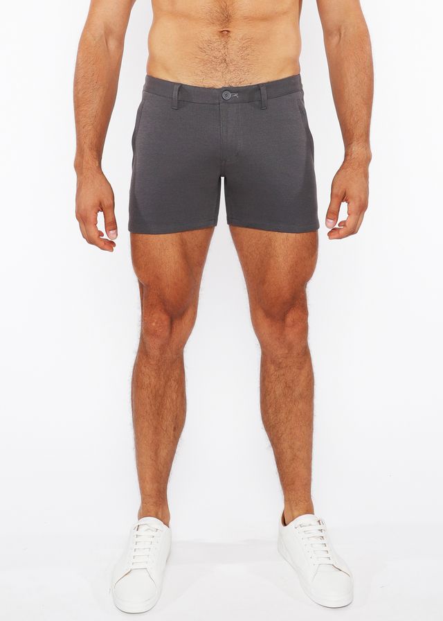 Dark gray linen-look textured chino shorts with classic fit belt loops and zip pockets front view