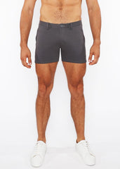 Dark gray linen-look textured chino shorts with classic fit belt loops and zip pockets front view