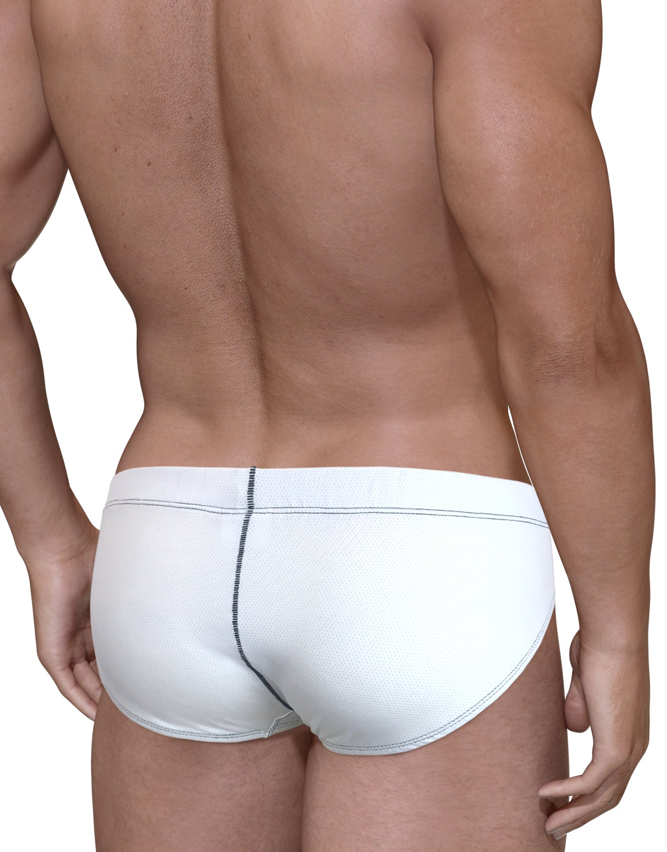 White, micro-mesh pouch brief with contrasting dark vertical center seam and trim, viewed from the back.