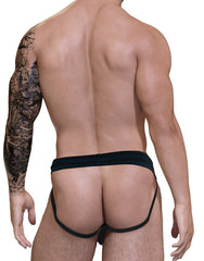 Back view of a man wearing a black jockstrap with thin blue stitching detail on the waistband.