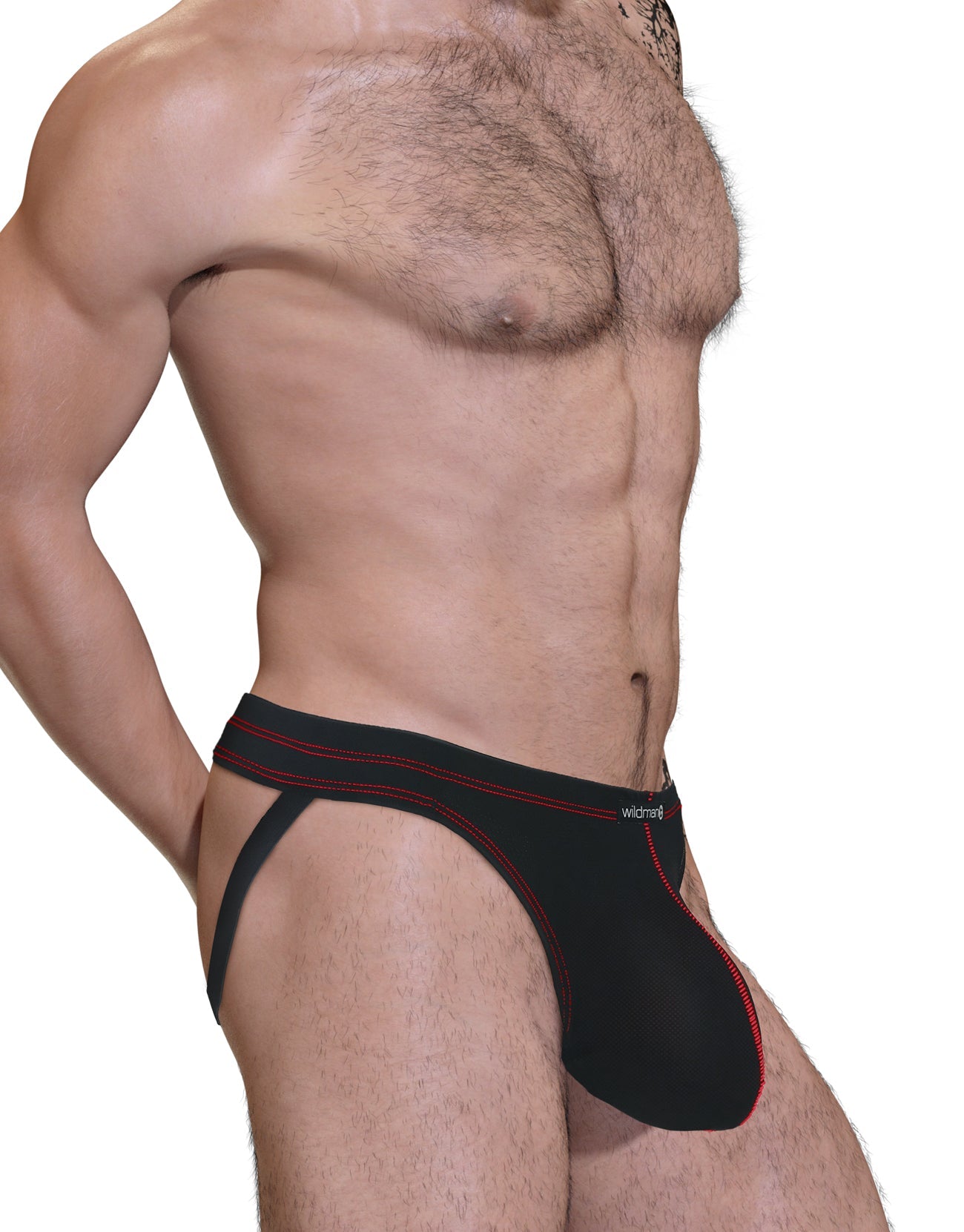 Black jockstrap with a contoured pouch, featuring red contrast stitching and a branded waistband on a male model.