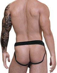 Back view of a man wearing a black jockstrap with yellow stitching on the waistband and thin black leg straps.