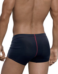 Rear view of black perforated boxer briefs with red contrast stitching, shown on a muscular male torso.