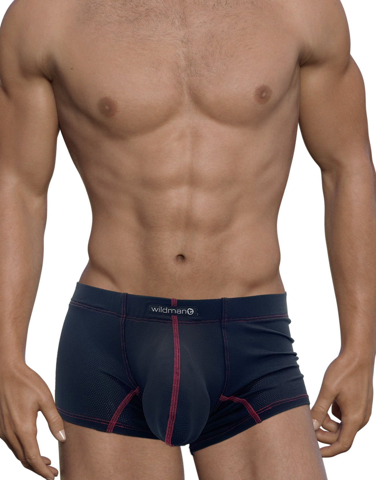 Dark navy athletic mesh boxer briefs with red contrast stitching, a contoured front pouch, and "wildman" logo tag.
