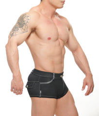 Black conner denim shorts with silver toned hardware and front pocket detail made from durable denim fabric