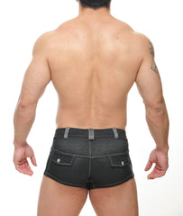 Conner denim shorts in black with silver-toned hardware and contrasting stitching on durable denim fabric