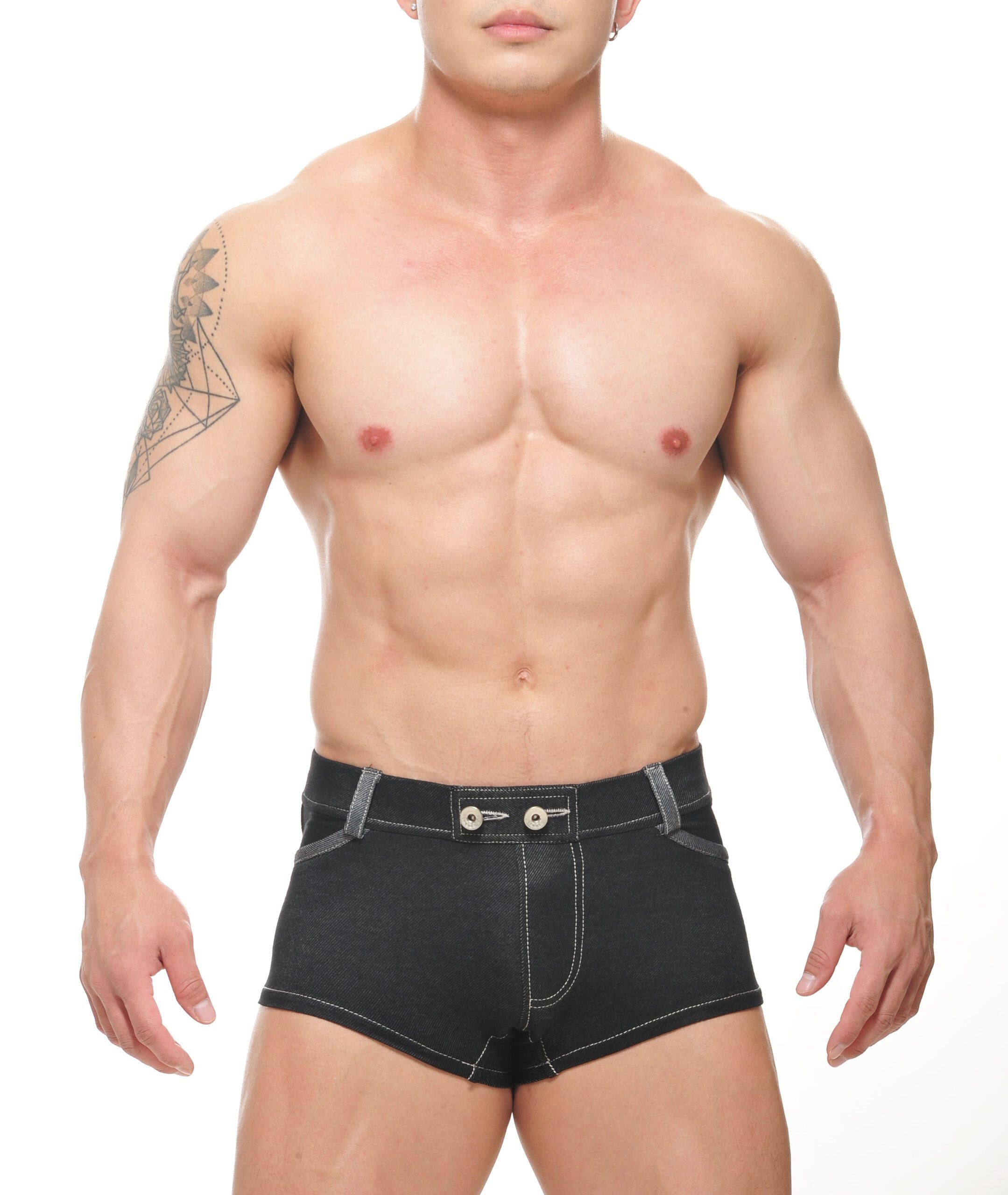 Black denim conner denim shorts with silver stitching and buttoned waistband for casual summer wear