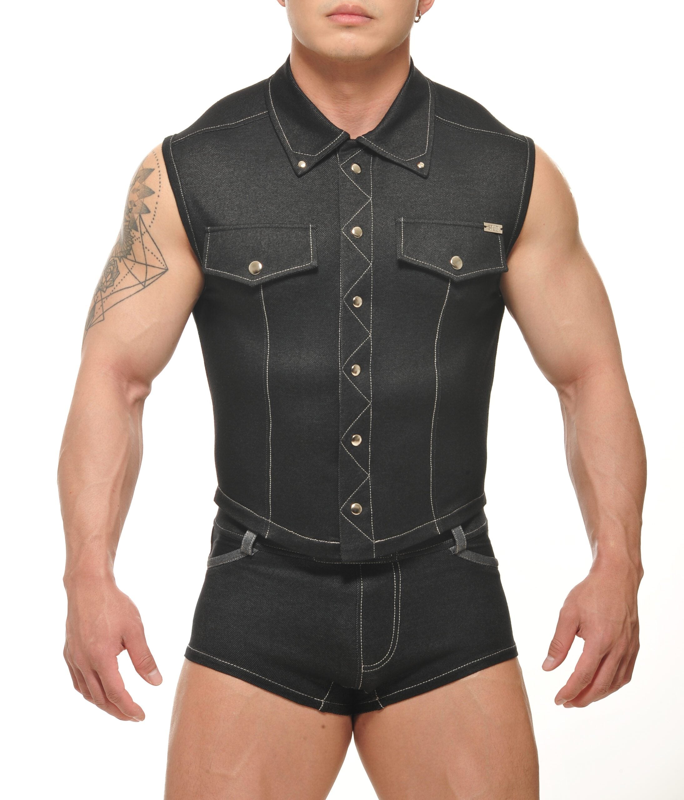 Black denim muscle vest with silver buttons and white stitching details from durango denim collection