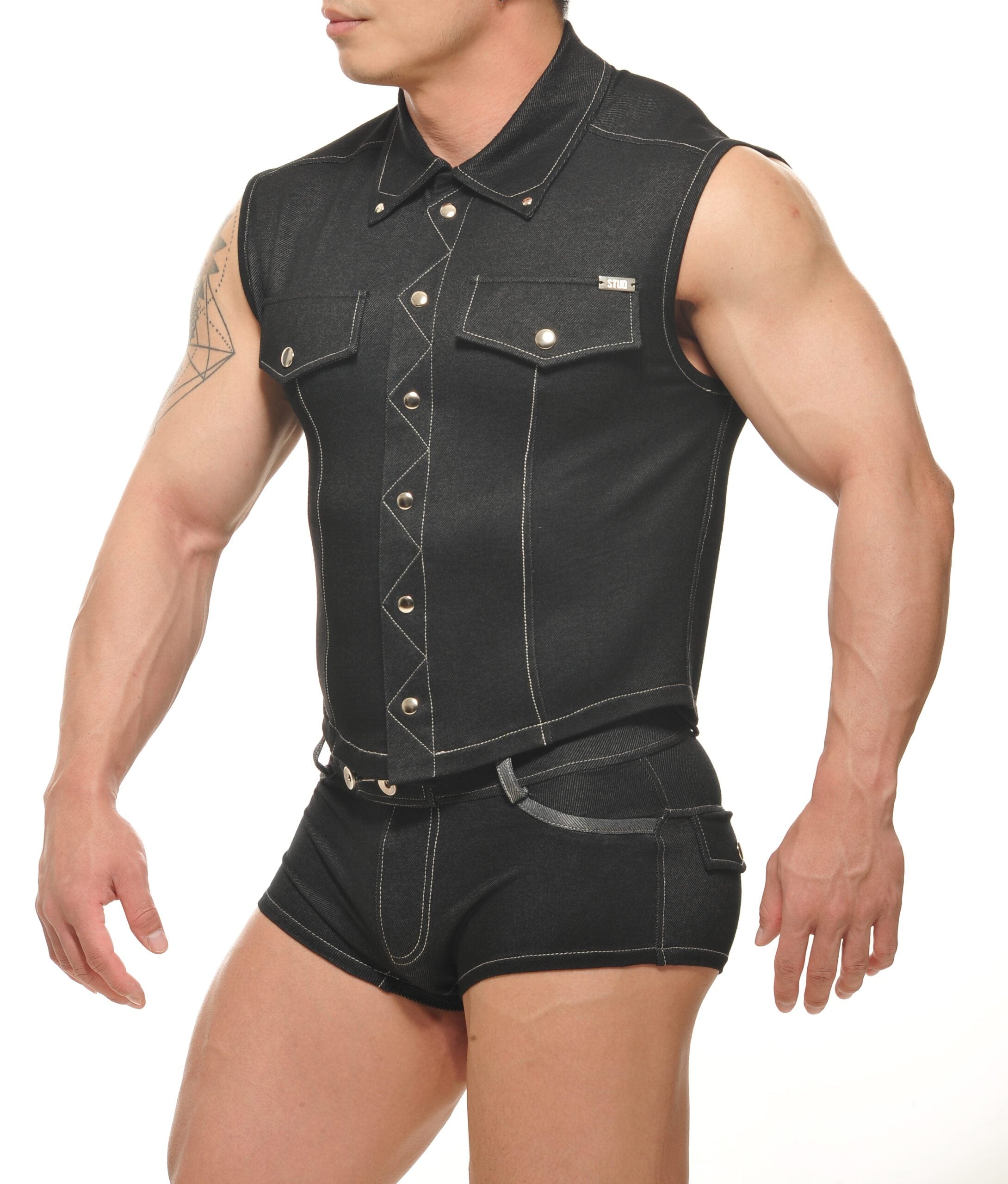 Black denim sleeveless vest with silver toned buttons and contrasting stitching from durango denim muscle vest collection