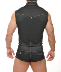 Durango denim muscle vest in black with white stitching paired with matching black denim shorts