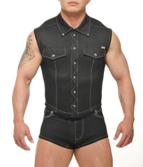 Black denim muscle vest with silver buttons and white stitching details from durango denim collection