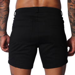 Form-fitting black denim shorts featuring a classic five-pocket design, belt loops, and a clean, minimalist back.
