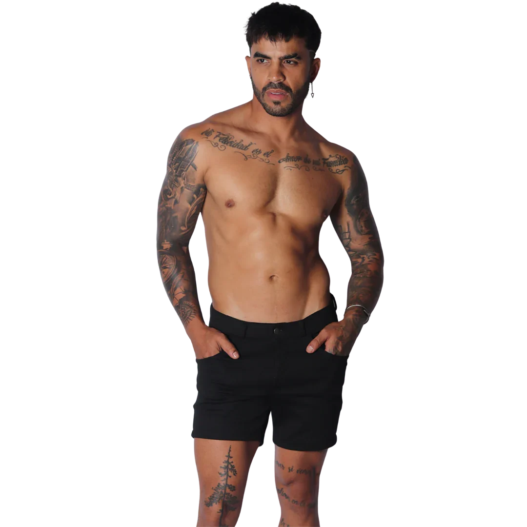 Form-fitting black short-length casual shorts with a flat front, button closure, and side pockets.