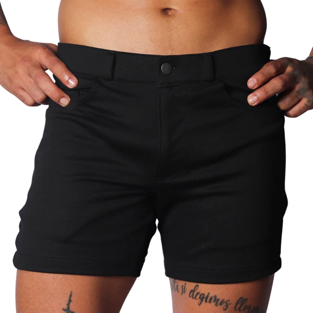 Slim-fit black shorts in a smooth, durable fabric with belt loops, a single button closure, and front pockets.