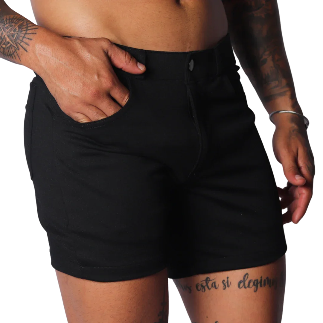 Fitted black denim-style shorts with a button closure, front pockets, and a clean, minimalist design.
