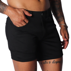 Fitted black denim-style shorts with a button closure, front pockets, and a clean, minimalist design.