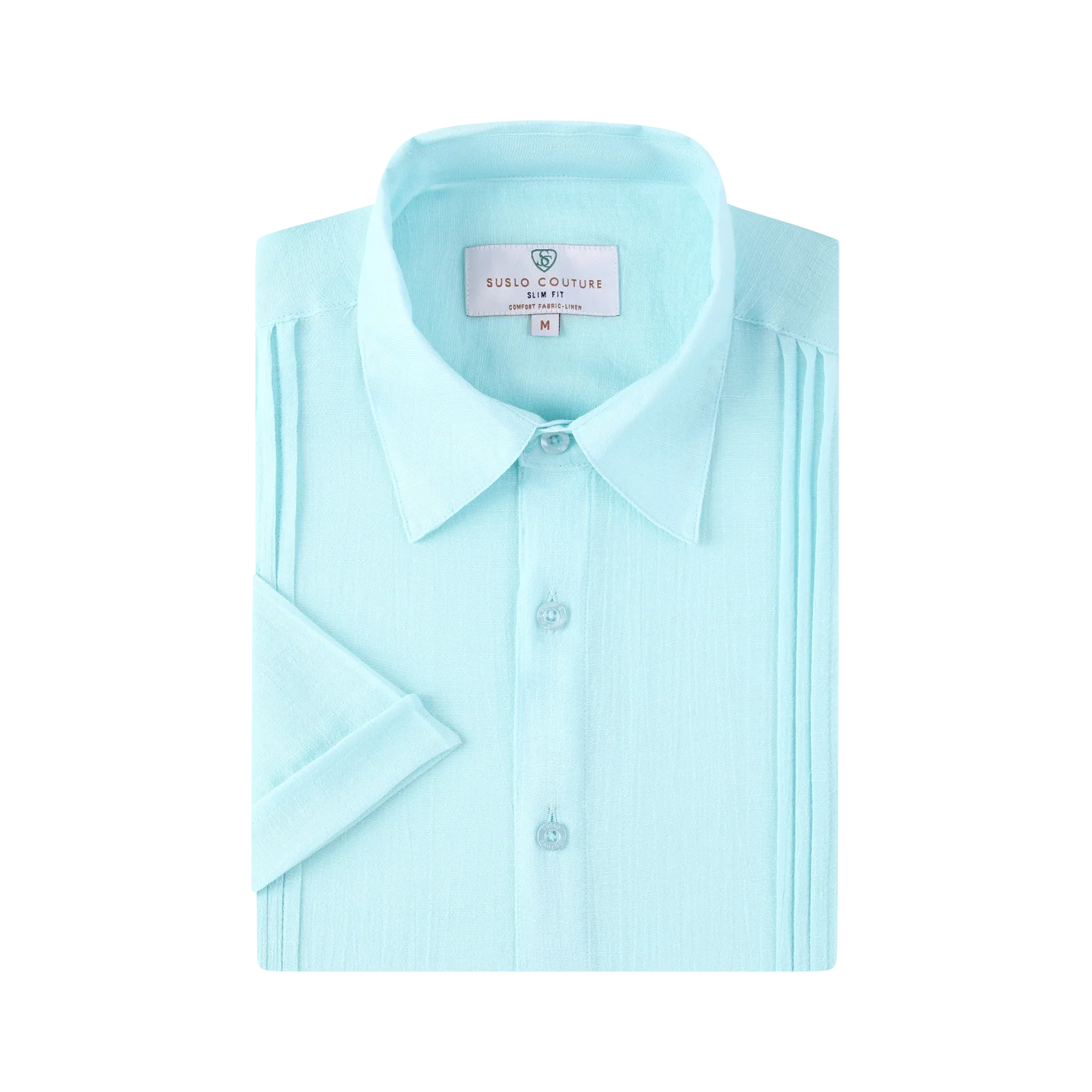 A light blue linen air short-sleeved slim fit shirt with pleated detailing along the sides