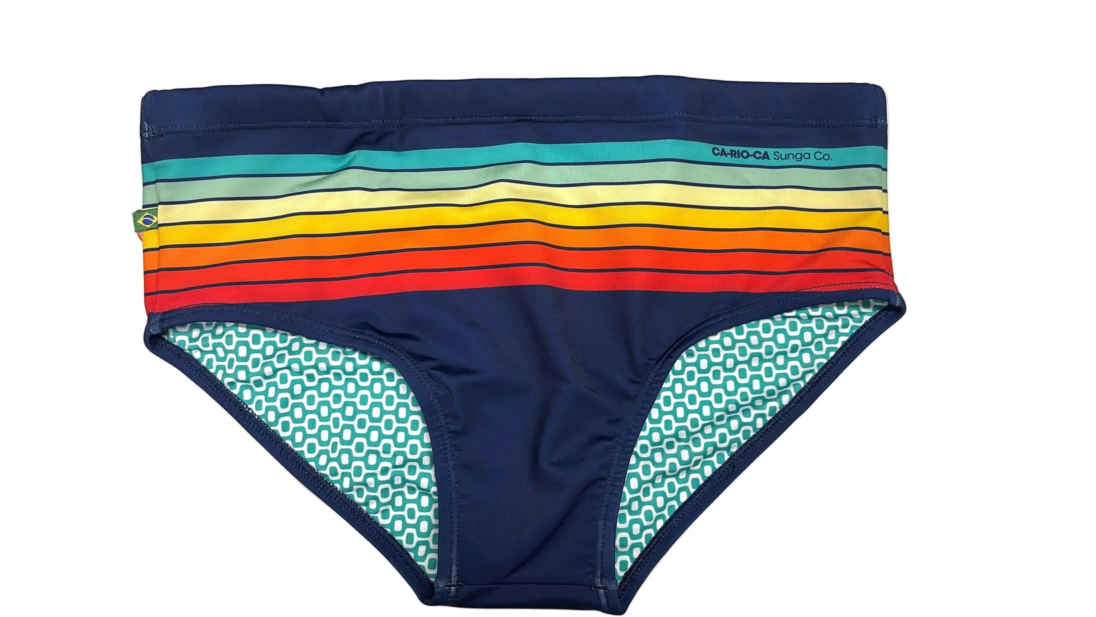 Men's swim brief with horizontal rainbow stripes on navy waistband and geometric teal pattern inside by CA-RIO-CA Sunga Co