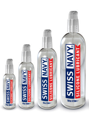 Clear glass bottles with silver spray nozzles and blue red labels of swiss navy silicone lubricant spray product