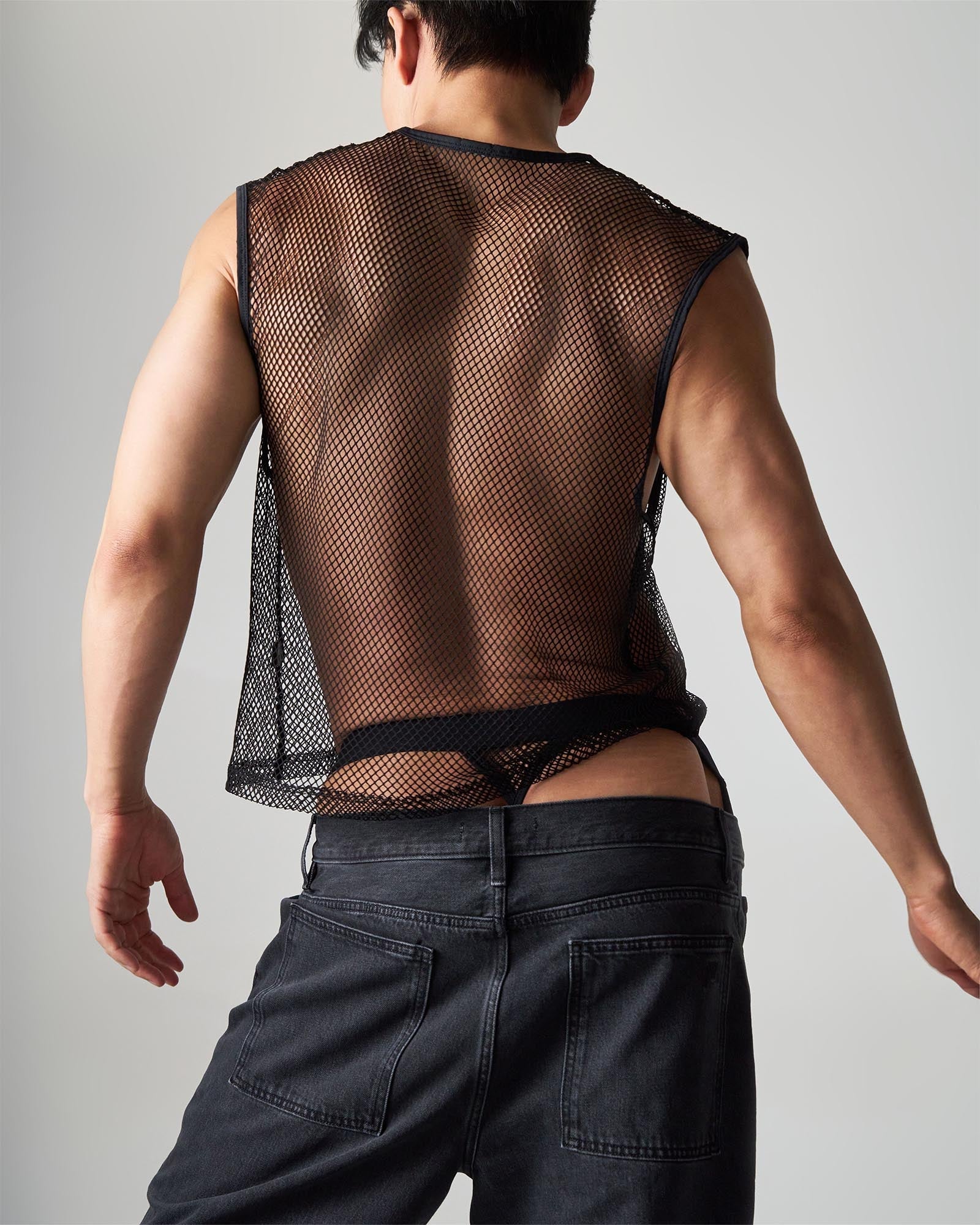 Black edge net mesh muscle tank sleeveless top with sheer breathable fabric and fitted cut