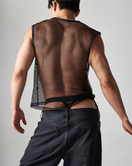 Black edge net mesh muscle tank sleeveless top with sheer breathable fabric and fitted cut