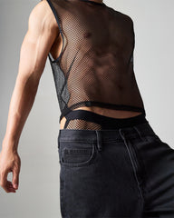 Black mesh sleeveless top edge net mesh muscle tank with fitted cropped design in breathable lightweight fabric