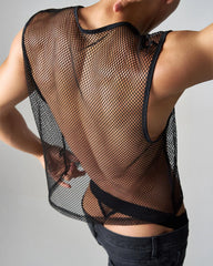Black mesh muscle tank top with fitted sleeveless design and reinforced trim along neckline and armholes