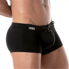 Black holidays swim trunk with drawstring waistband and front pouch designed for comfortable beachwear