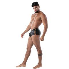 Black leather briefs with lace-up front detail designed for edgy style in kinky laced trunk collection