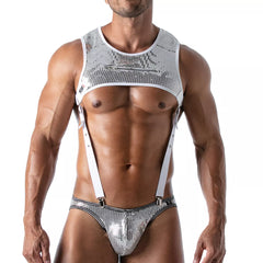 Adjustable silver rhinestone-embellished suspenders and matching briefs set for stylish and glamorous wear
