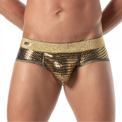 Gold sequined glitter brief with a glittery waistband and black trim in a shiny fabric design