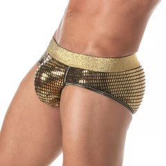 Gold sequined mesh briefs with a glittery waistband in a vibrant gold color for glamorous wear