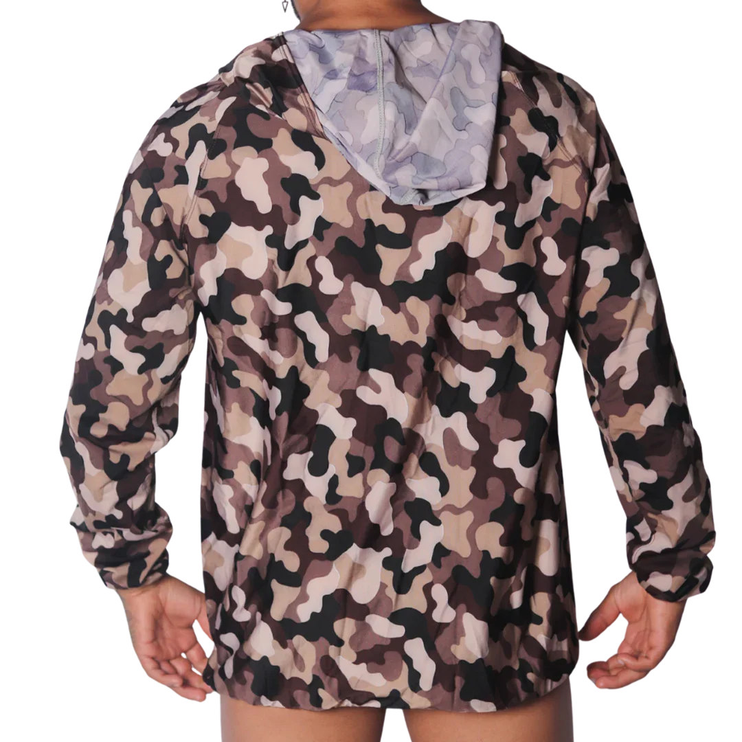 Gigo Trend hooded jacket in a tan, brown, and black camouflage print with a smooth, lightweight performance fabric.