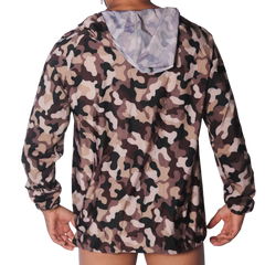 Gigo Trend hooded jacket in a tan, brown, and black camouflage print with a smooth, lightweight performance fabric.