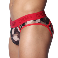 Red camo-print jockstrap with a wide, red elastic branded waistband and red piping trim.