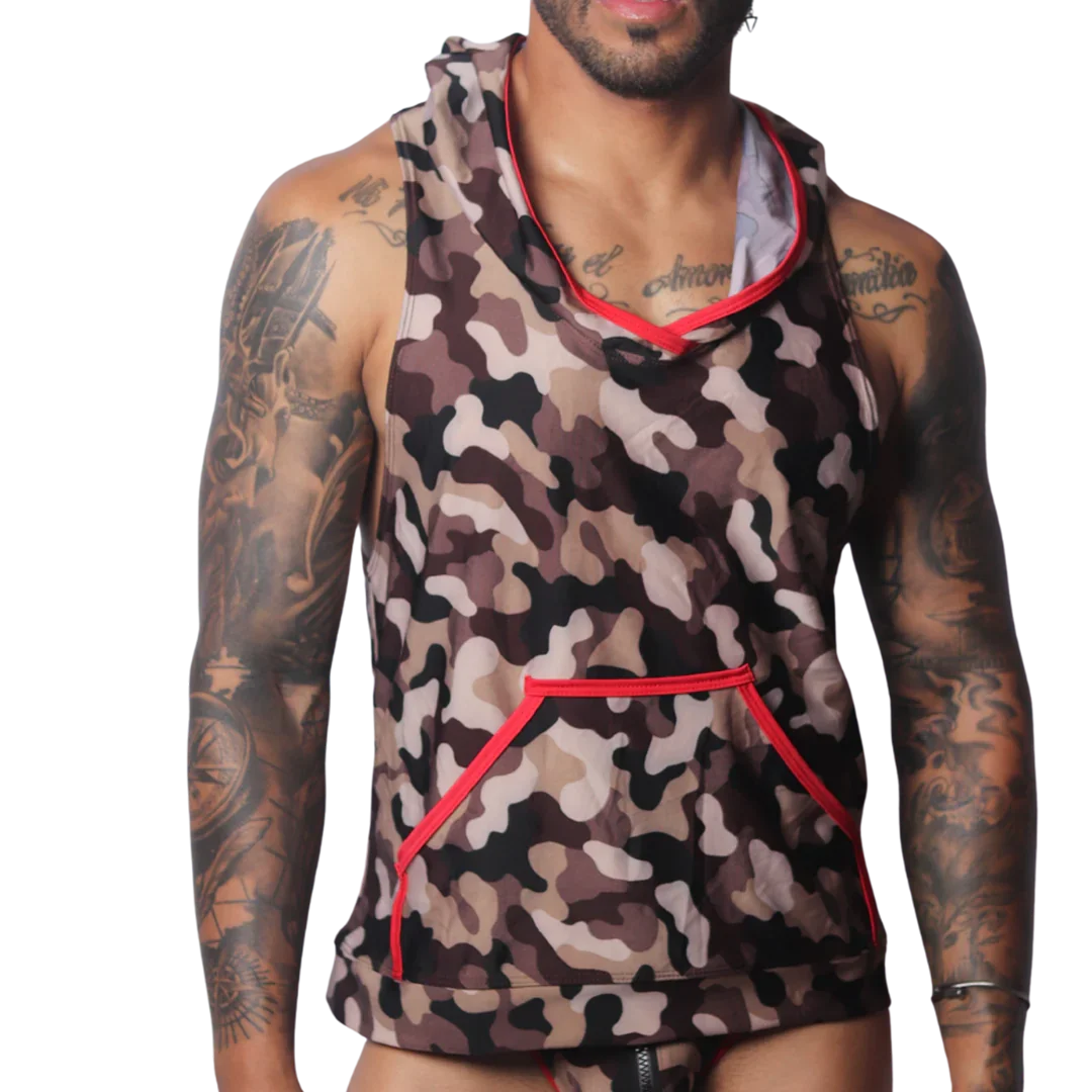 Brown camouflage sleeveless hooded T-shirt featuring a kangaroo pocket with vibrant red trim.
