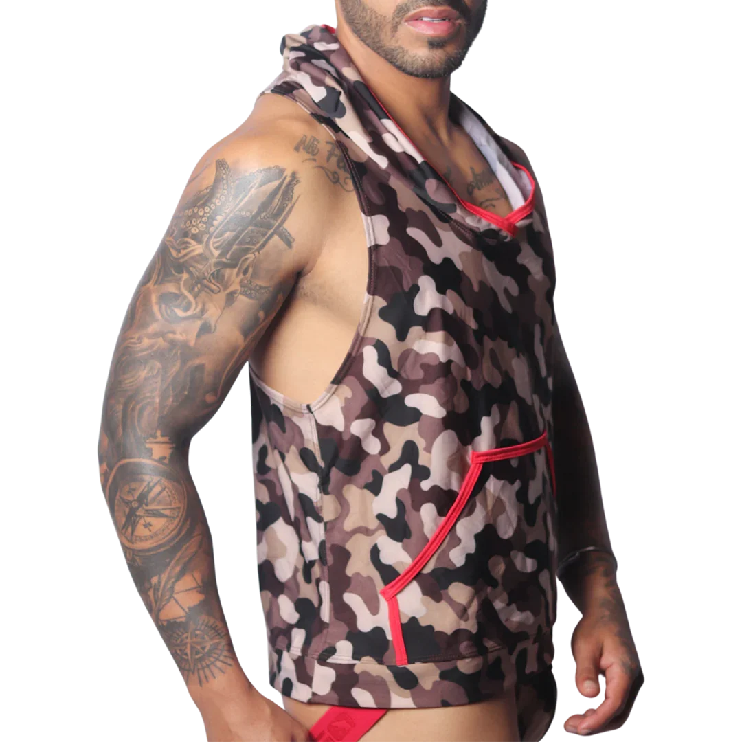 Sleeveless camo print hoodie with red trim and a front pocket, worn by a man with arm tattoos.