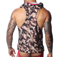 Brown camouflage sleeveless hooded tank top with a red inner collar trim and Y-back design.