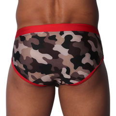 Gigo Trend swim brief in camo print with red trim at the waistband and leg openings.