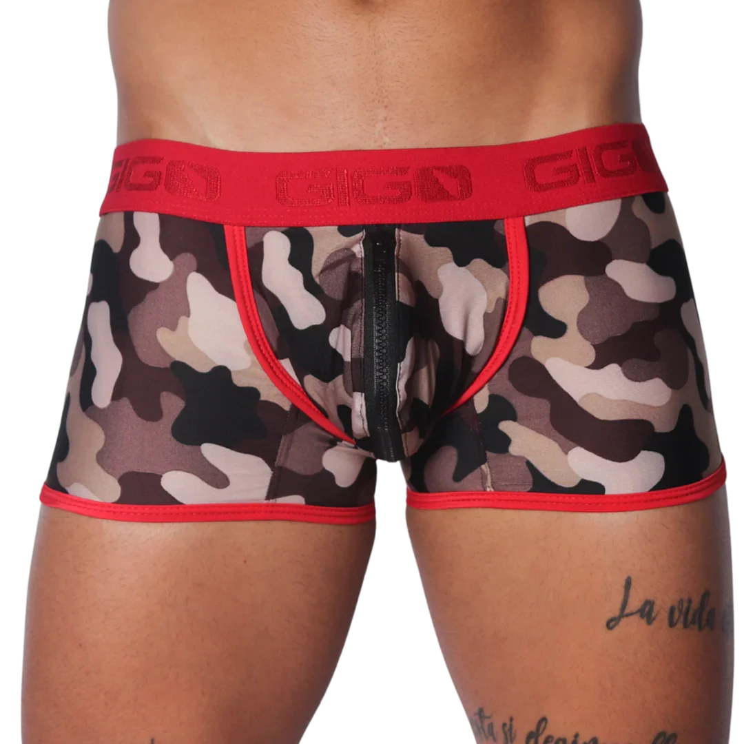 Camouflage print trunk with red trim, logo waistband, and a center-front zipper closure.